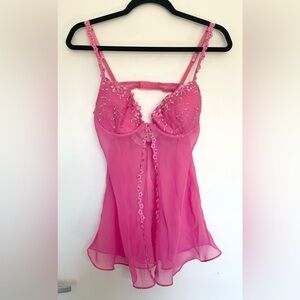 Y2K Hot Pink With Baby Pink Flower Embroidery Lingerie Top